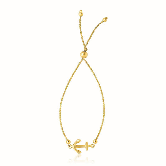 Bracelet lariat réglable en or jaune 14 carats motif ancre marine
