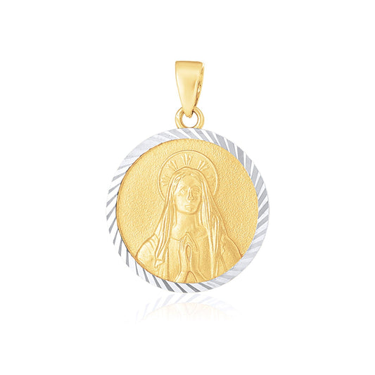 Pendentif Médaille Religieuse Ronde Texturée Or Bicolore 14K