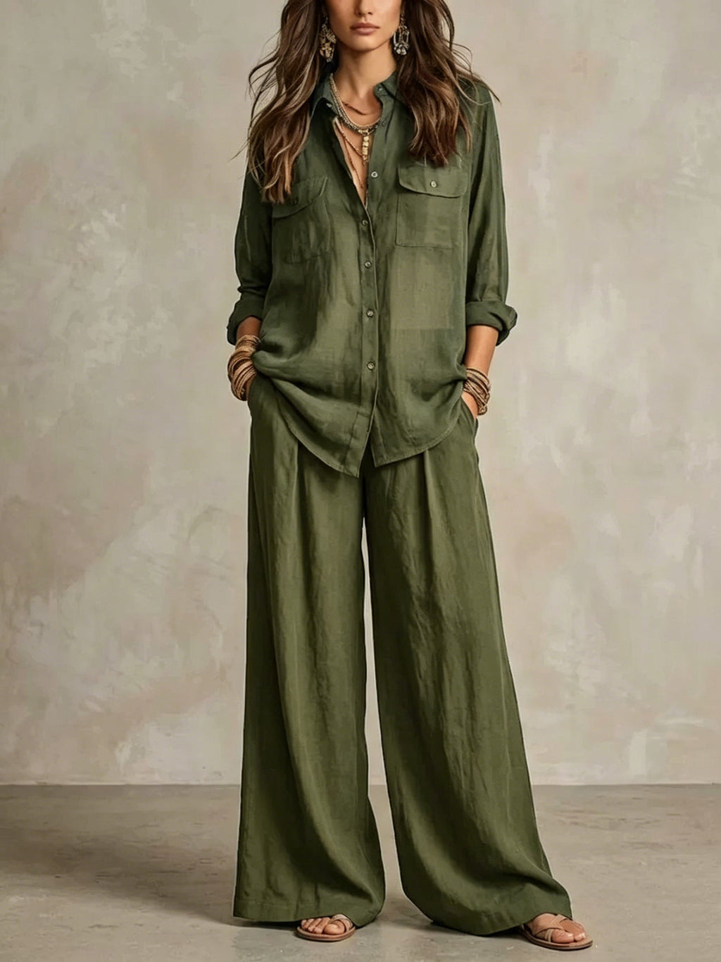 Women's Linen Two-Piece Set – Long Sleeve Shirt & Wide-Leg Pants