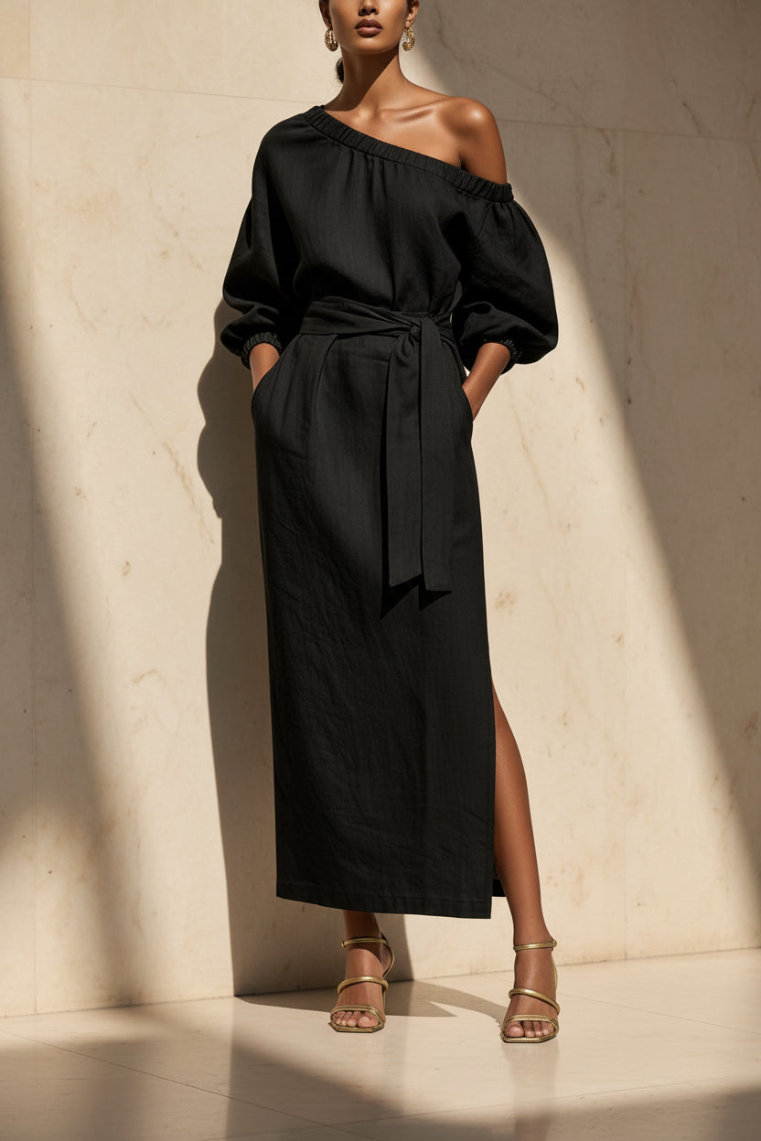 Women's Asymmetric Neck Linen Maxi Dress – Belted with Side Slit & Pockets