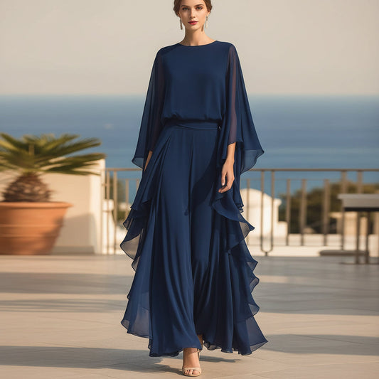 Deep Blue Ruffle Wide-Leg Pants Set – Elegant Two-Piece Batwing Sleeve Outfit for Women