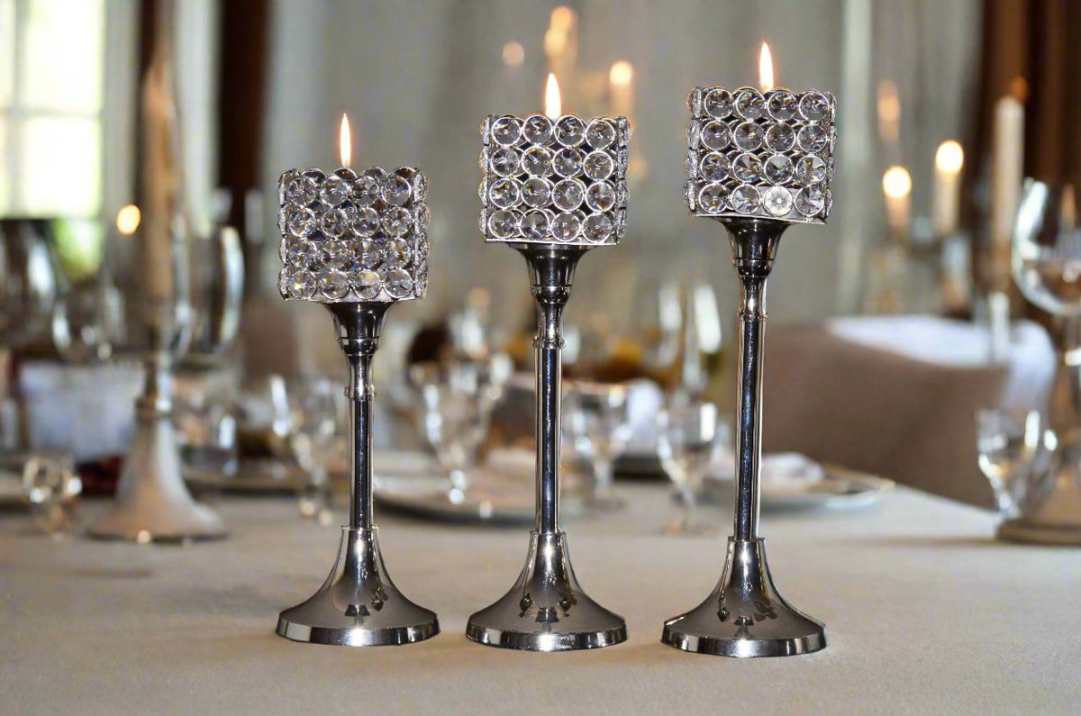 Vibhsa Crystal Hurricane Candle Holders | Set of 3, 10"/11"/12", Silver Nickel Finish