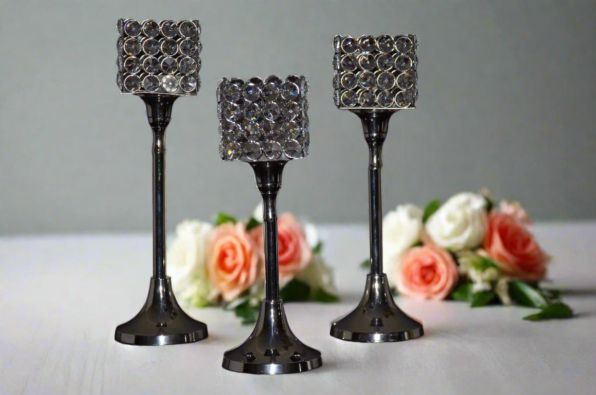 Vibhsa Crystal Hurricane Candle Holders | Set of 3, 10"/11"/12", Silver Nickel Finish