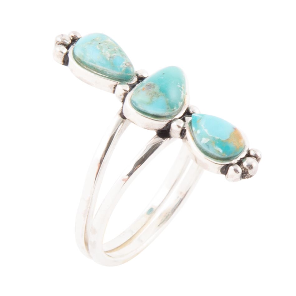 Ring aus linearem Dreifach-Stein, blauem Türkis und Sterlingsilber