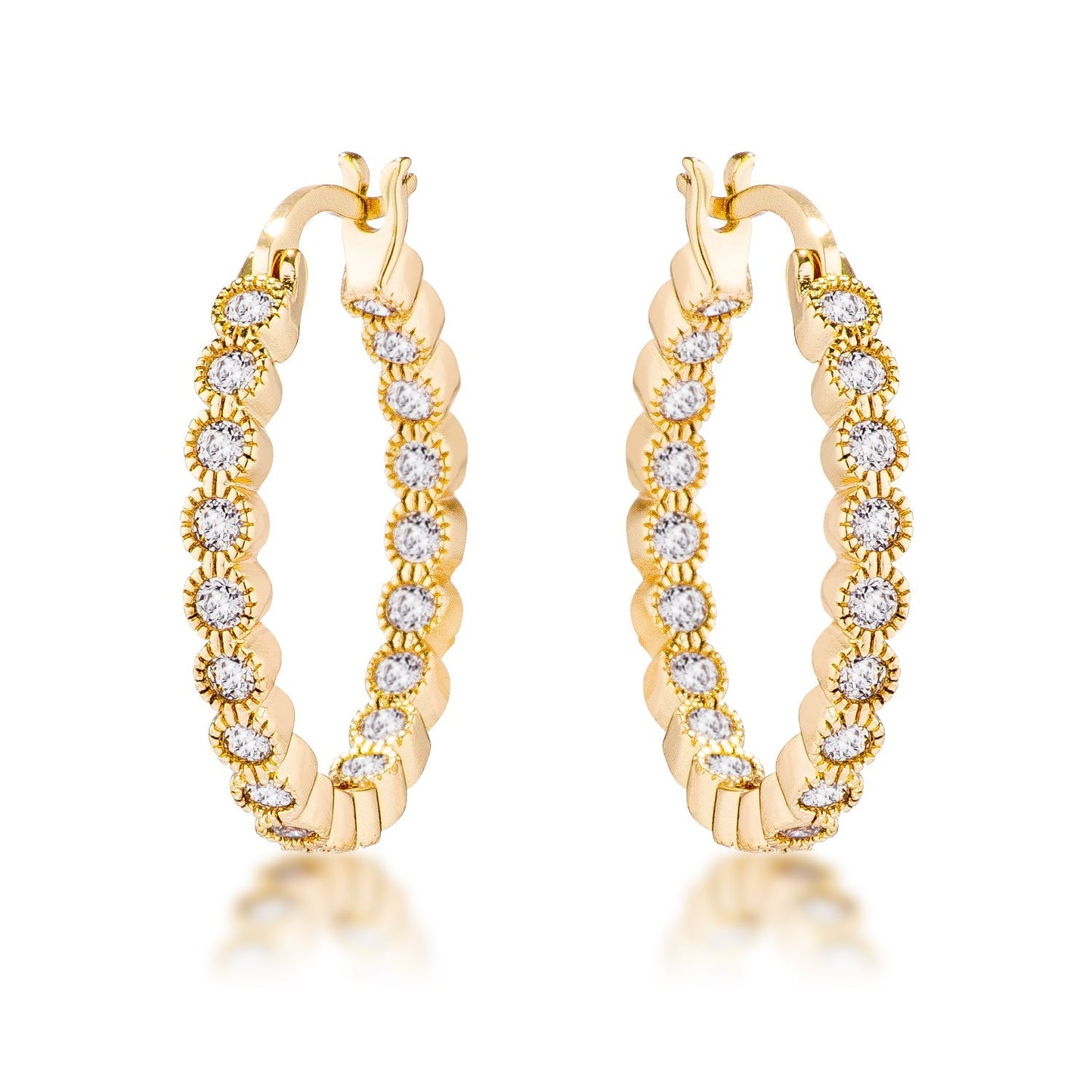 Dotted CZ Round Bezel Hoop Earrings