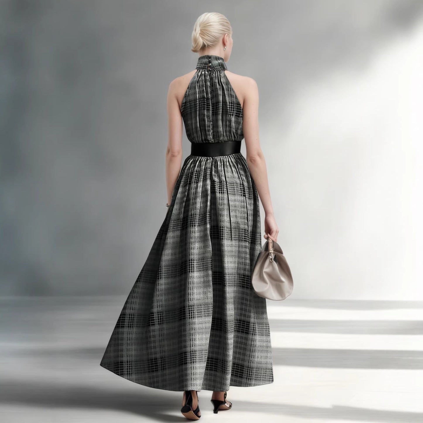 Sleeveless Plaid High Waist Lace-Up A-Line Maxi Dress for Women – Black & White Check