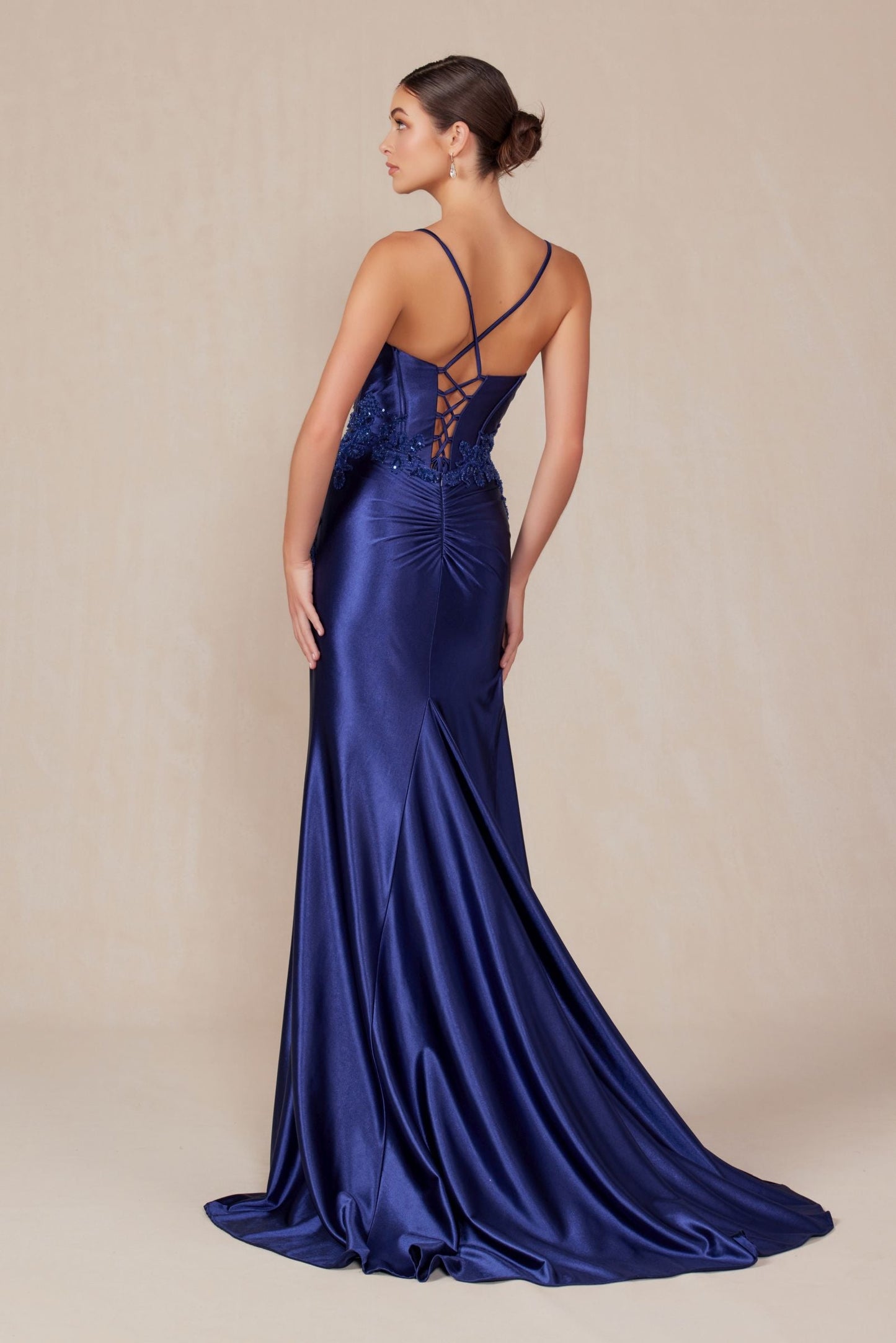 Nox Anabel E1488 Luxurious Shiny Satin Material A Sweetheart Neckline & Slit