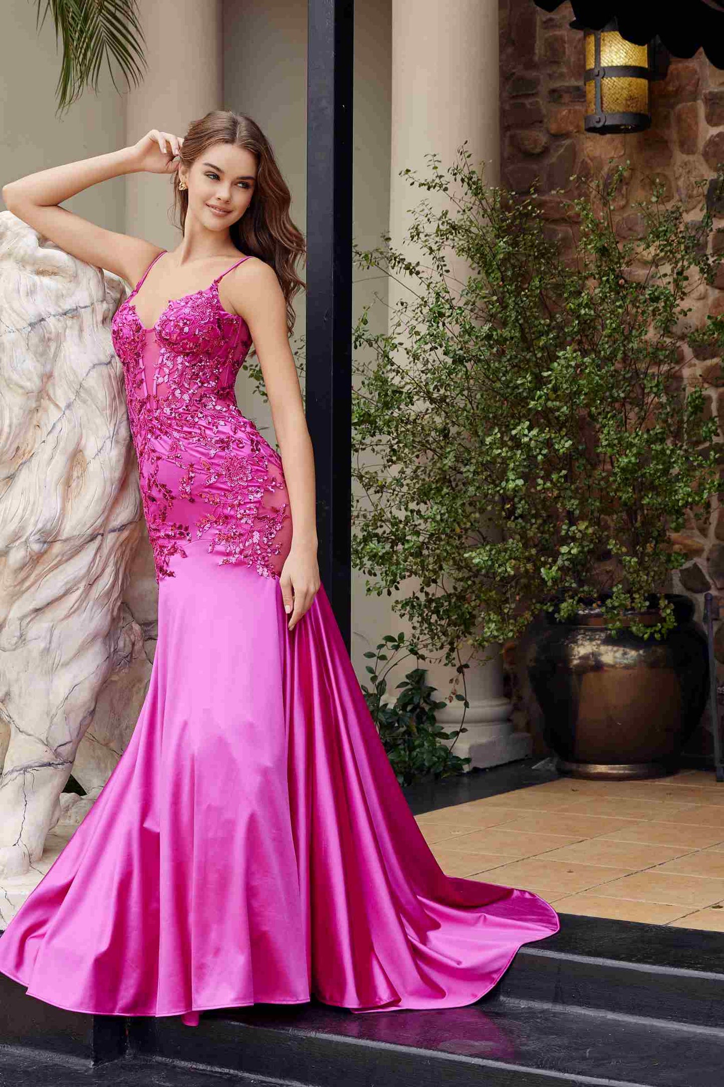 Nox Anabel E1532 Satin Sequin Applique Boned Waist Mermaid Dress