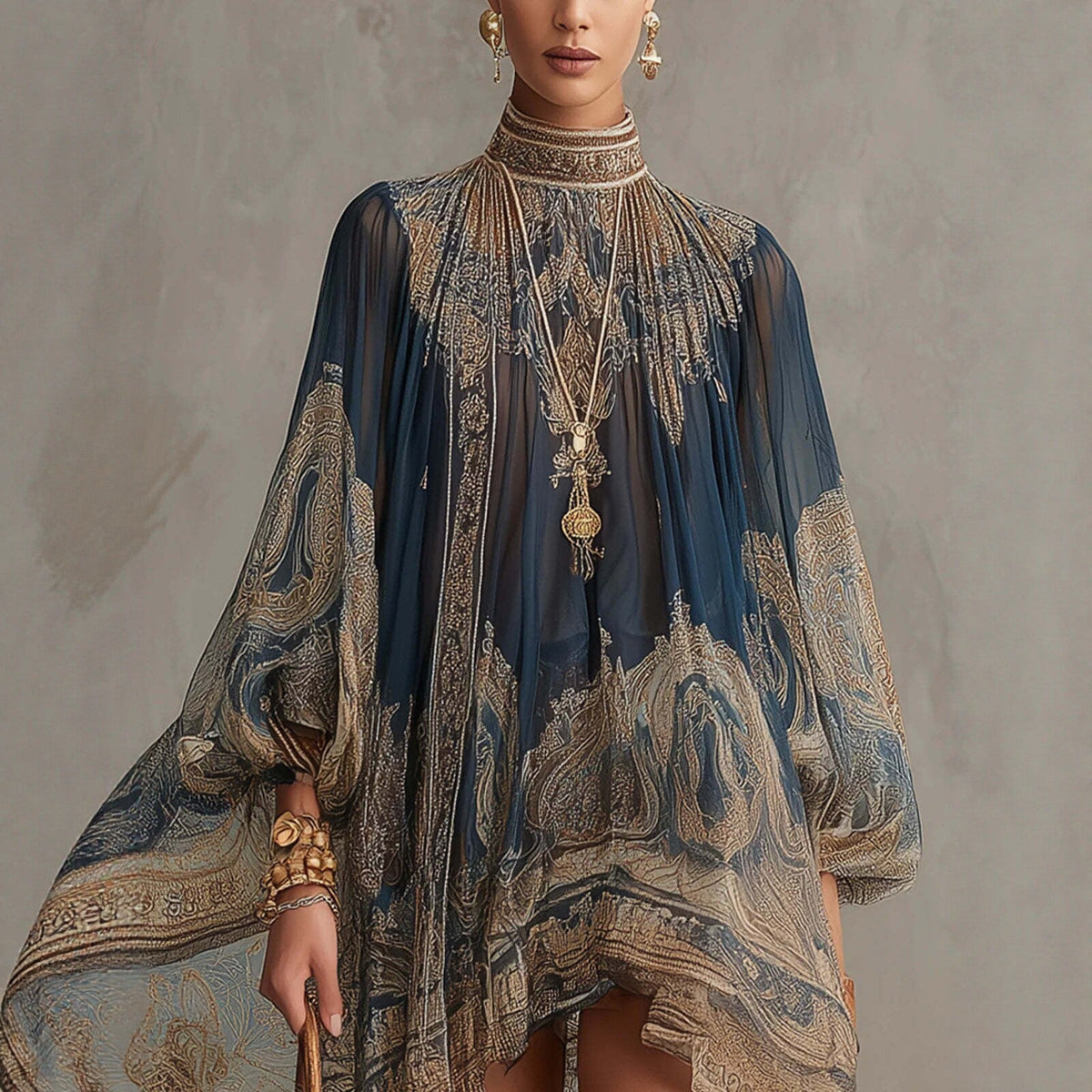 Navy Blue Printed Puff Sleeve Stand Collar Dress – Loose Boho Asymmetric Hem Dress for Women