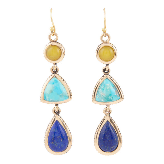 Boucles d'oreilles pendantes dorées en quartz jaune et turquoise bleue