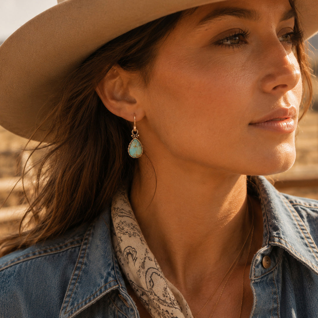 Boucles d'oreilles pendantes bleu turquoise et dorées, style rêveur