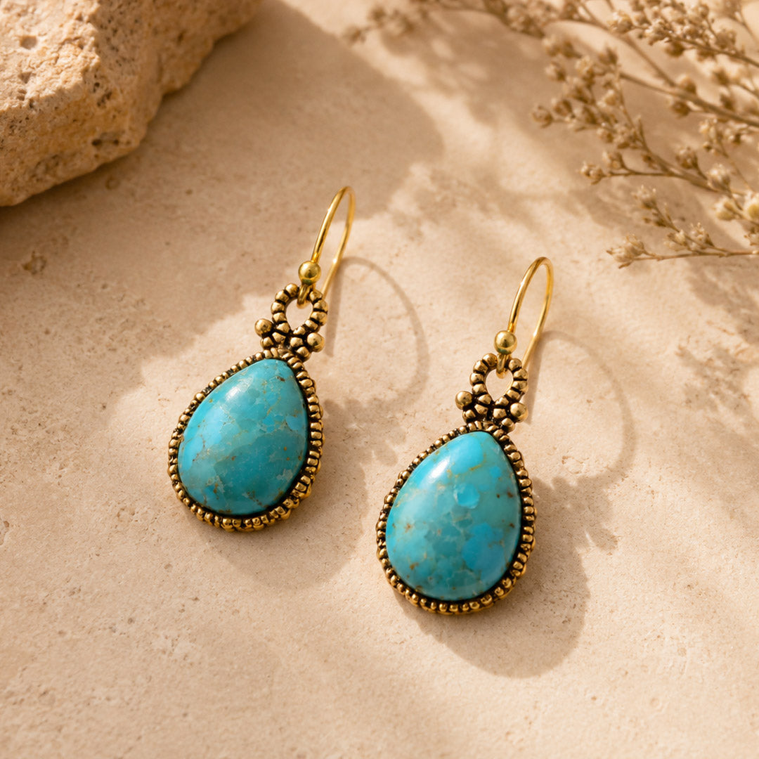 Boucles d'oreilles pendantes bleu turquoise et dorées, style rêveur