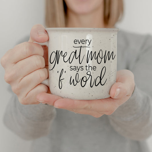 Mug de camping en céramique de 414 ml - Every Great Mom Says, ivoire moucheté double face