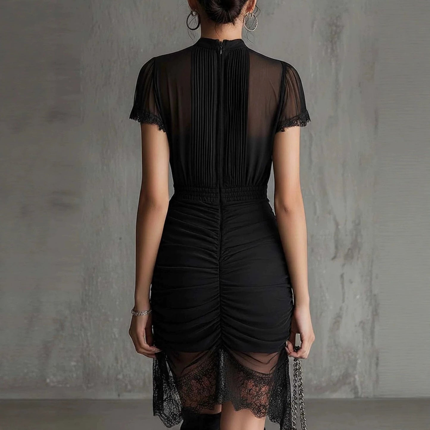 Black Lace Patchwork Slit Midi Dress – Slim-Fit High-Waist See-Through Dress for Women