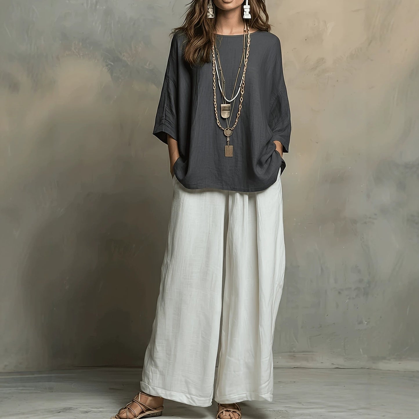 Women's Bohemian Loose Three-Quarter Sleeve Top Set