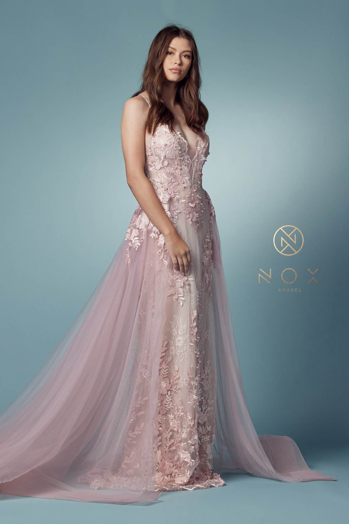 Nox Anabel F485 Lace and Beads Mermaid Gown Chiffon Overskirt