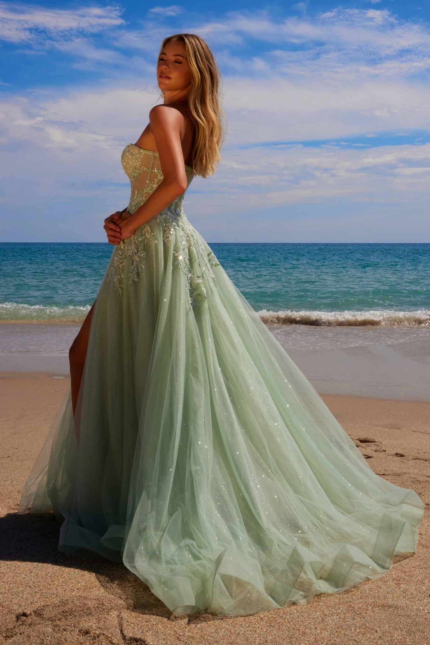 Nox Anabel G1371 Long A-Line Tulle Dress With A Sweetheart Top Sequin Applique