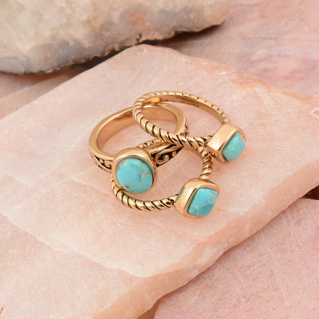 Mehrform-Ring-Set aus blauem Türkis und Gold-Trio