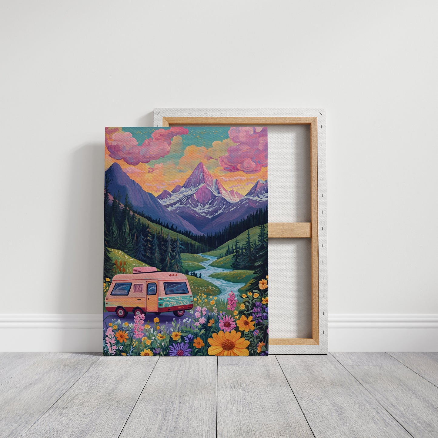 Vibrant Camper Van Landscape Canvas Art
