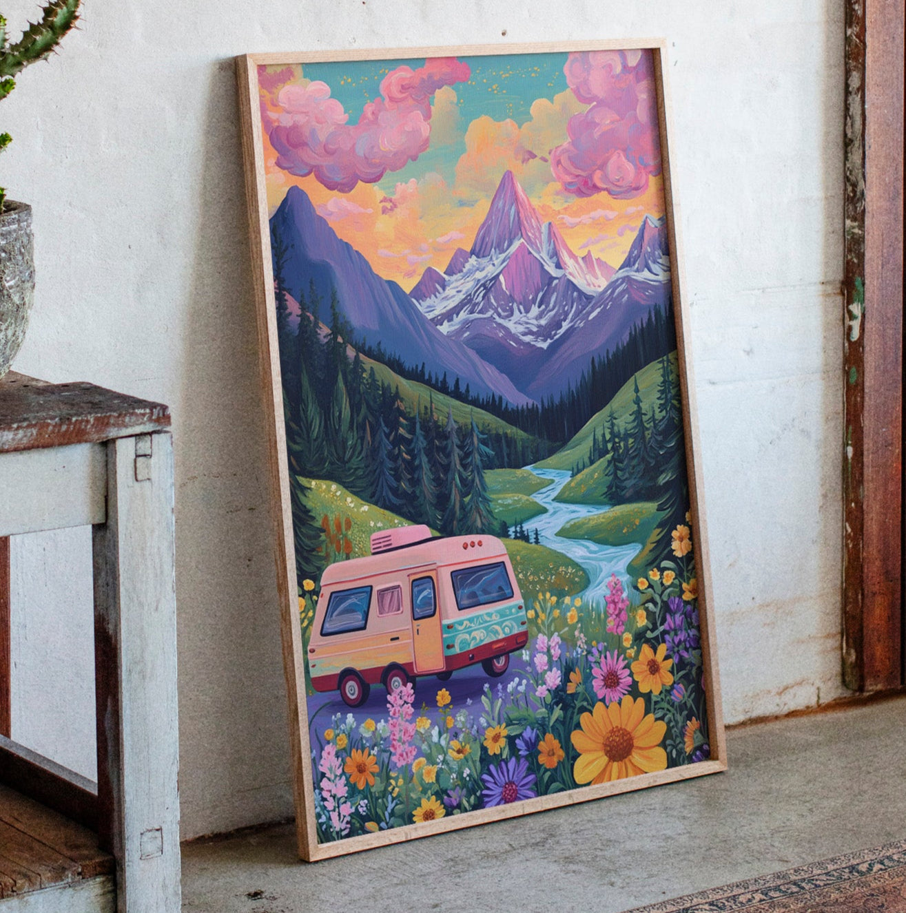 Vibrant Camper Van Landscape Canvas Art