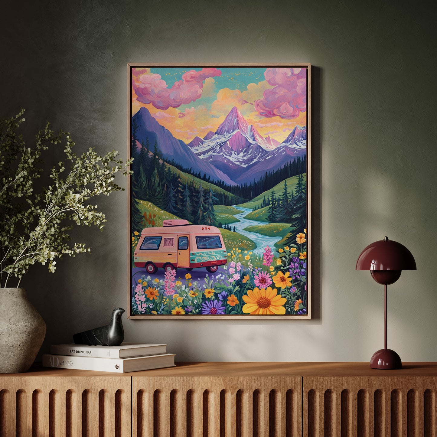 Vibrant Camper Van Landscape Canvas Art