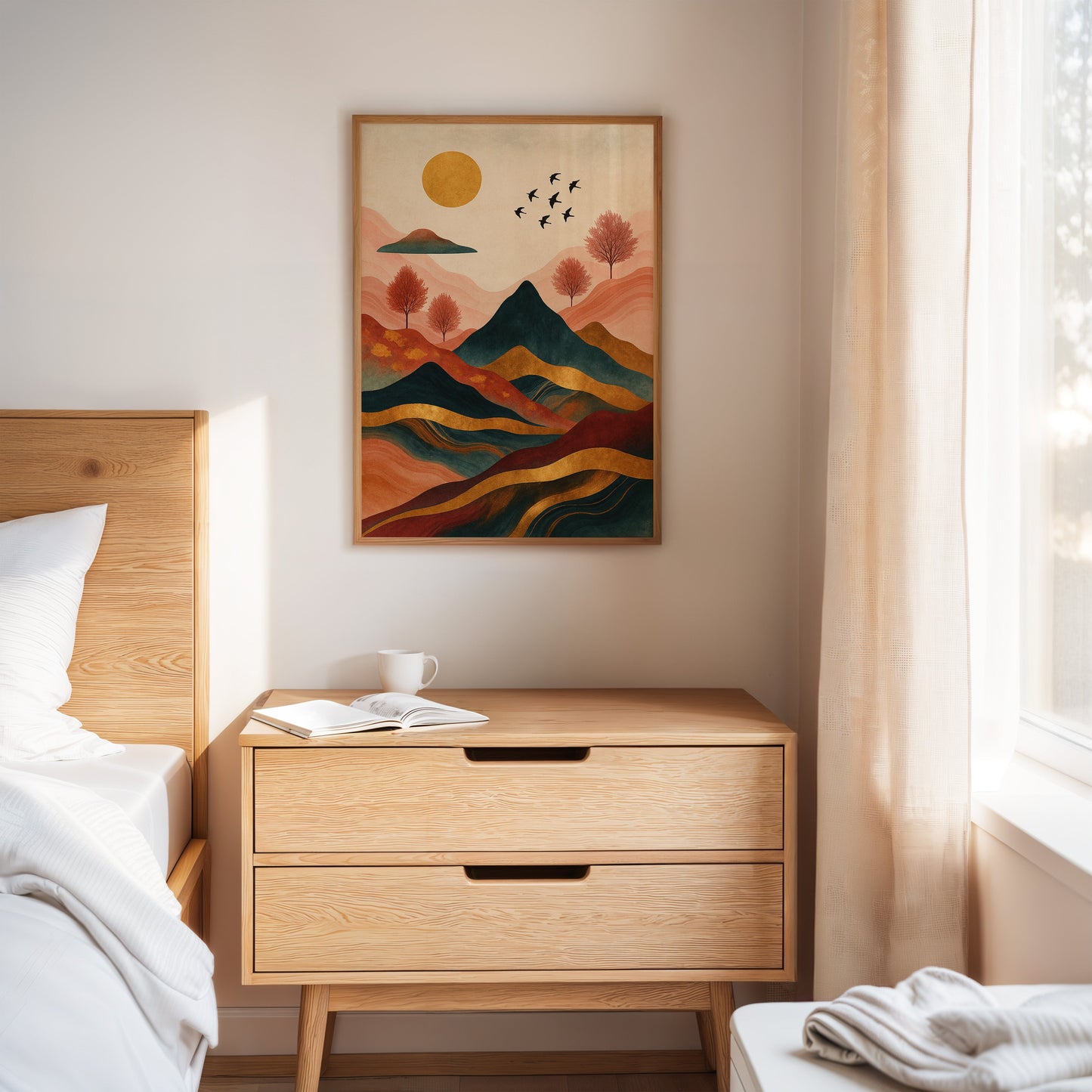 Golden Sun Over Vibrant Mountain Landscape Art Print
