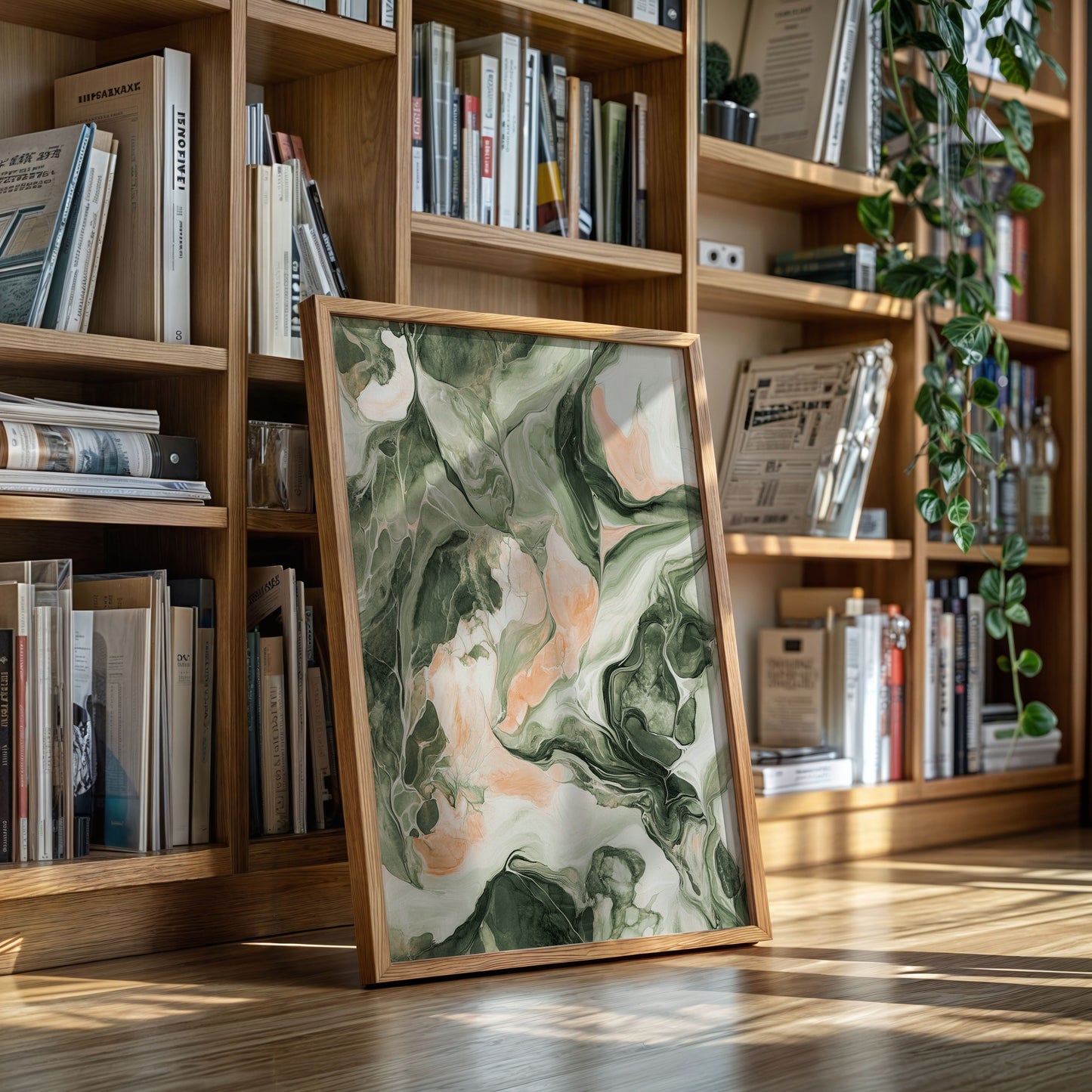 Blush Canyon – Abstract Green & Rose Marble Art