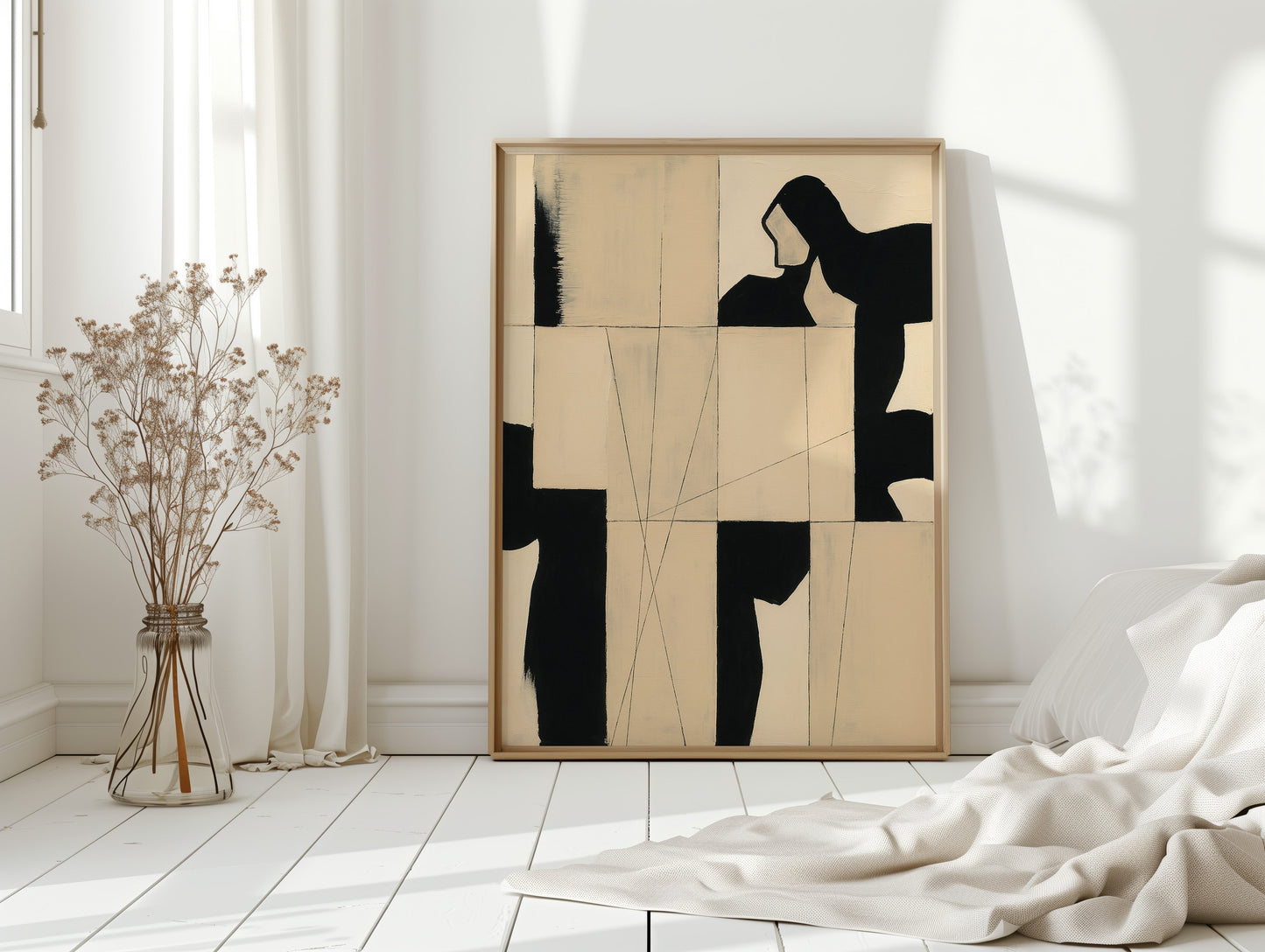 Modern Abstract Geometric Art Print in Black and Beige