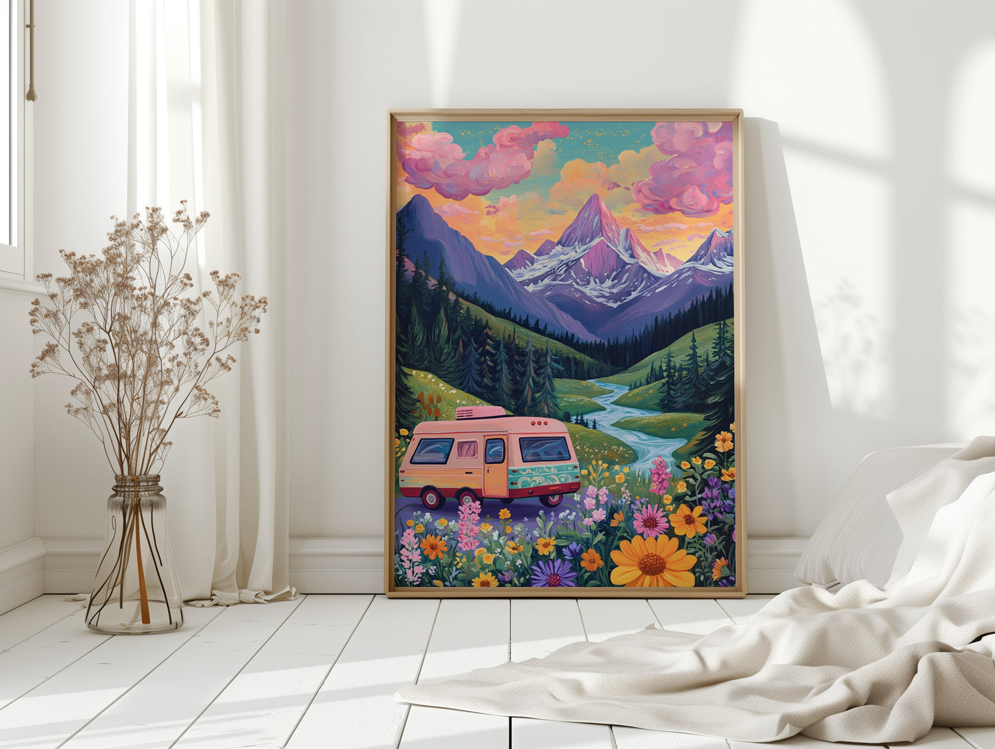 Vibrant Camper Van Landscape Canvas Art