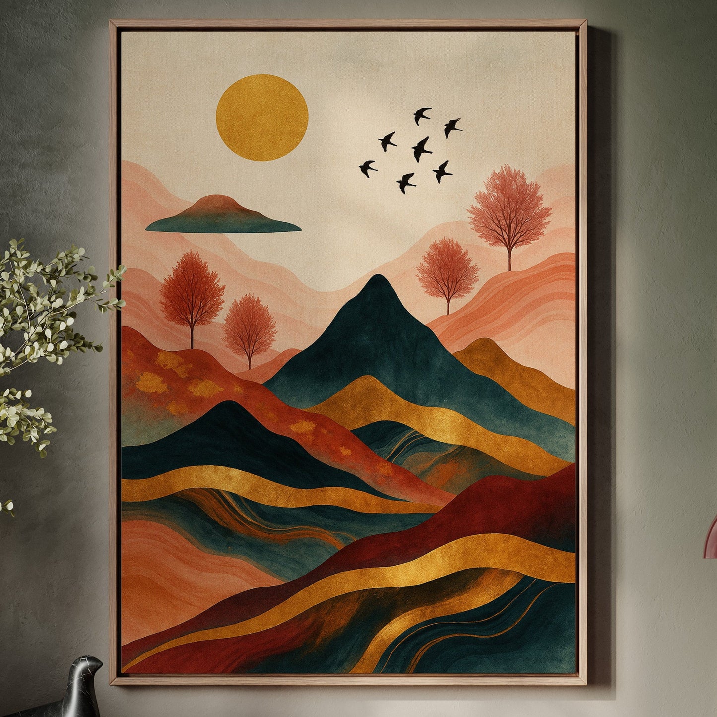 Golden Sun Over Vibrant Mountain Landscape Art Print