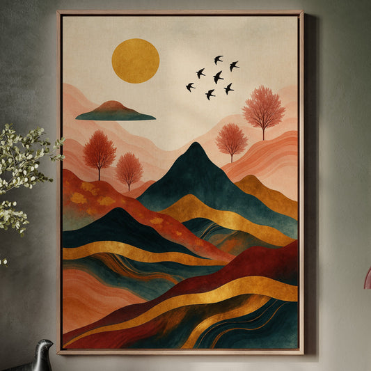 Impression d'art : Soleil doré sur paysage montagneux éclatant