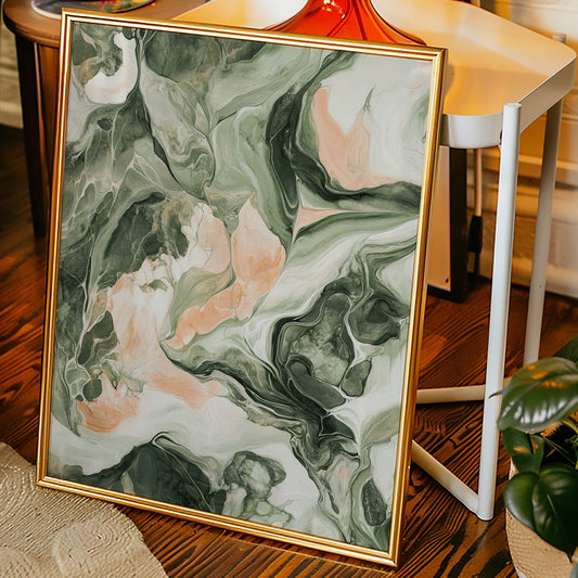 Blush Canyon – Abstract Green & Rose Marble Art