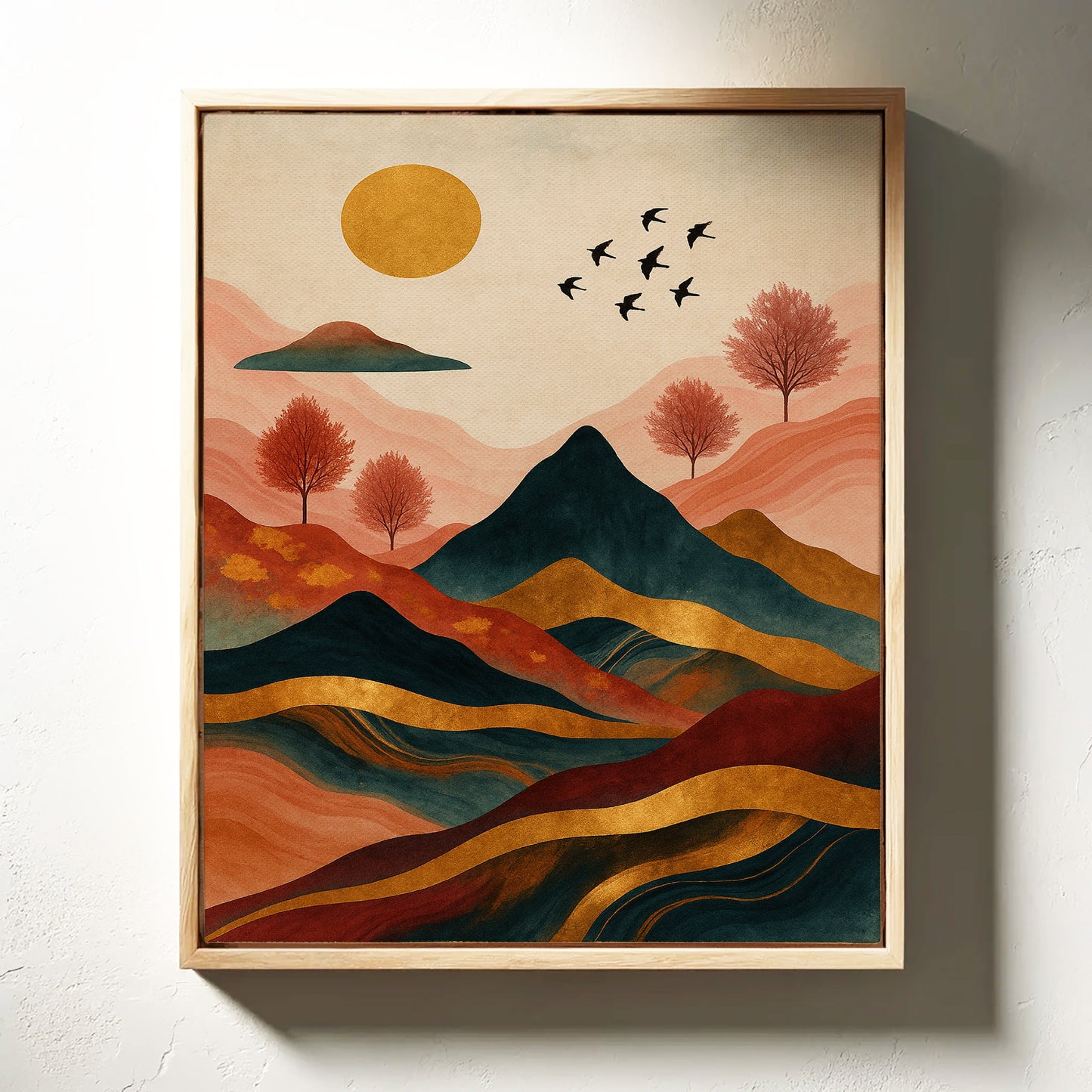 Golden Sun Over Vibrant Mountain Landscape Art Print