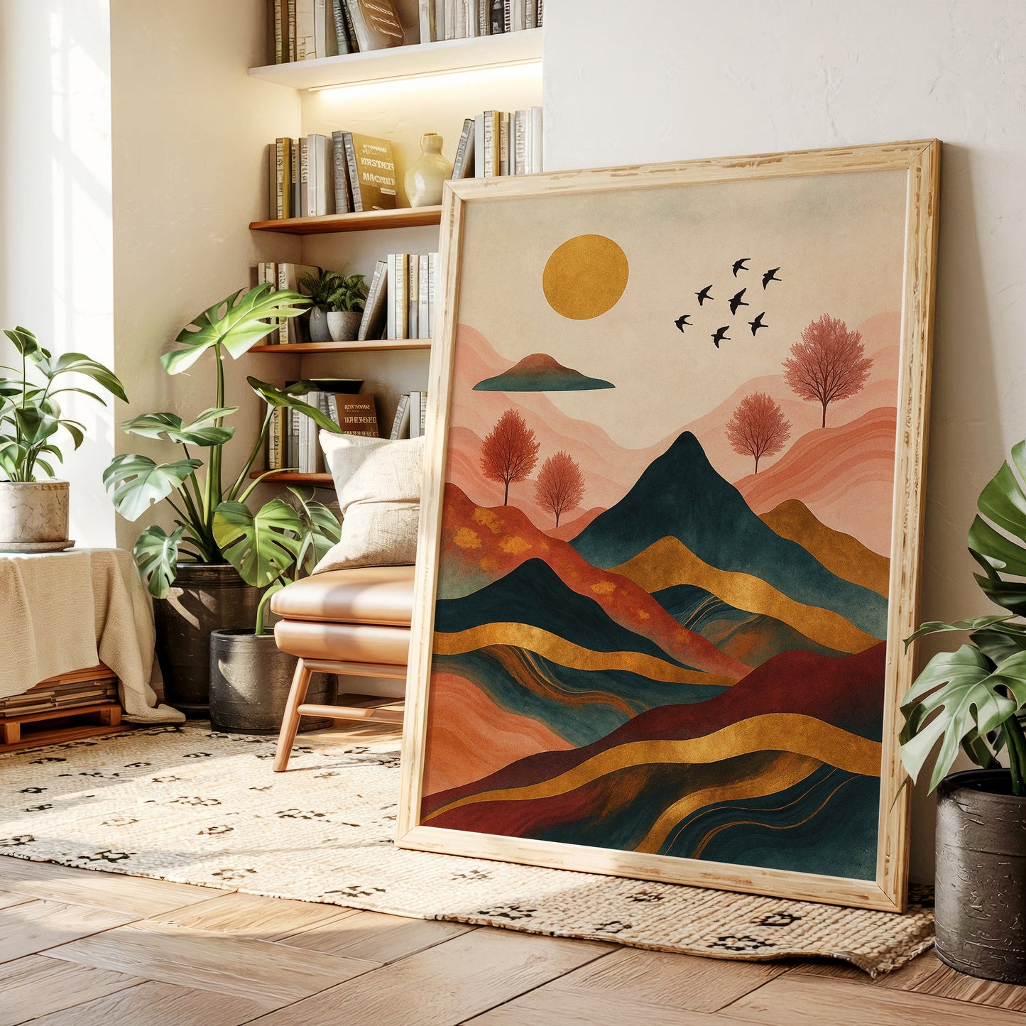 Golden Sun Over Vibrant Mountain Landscape Art Print
