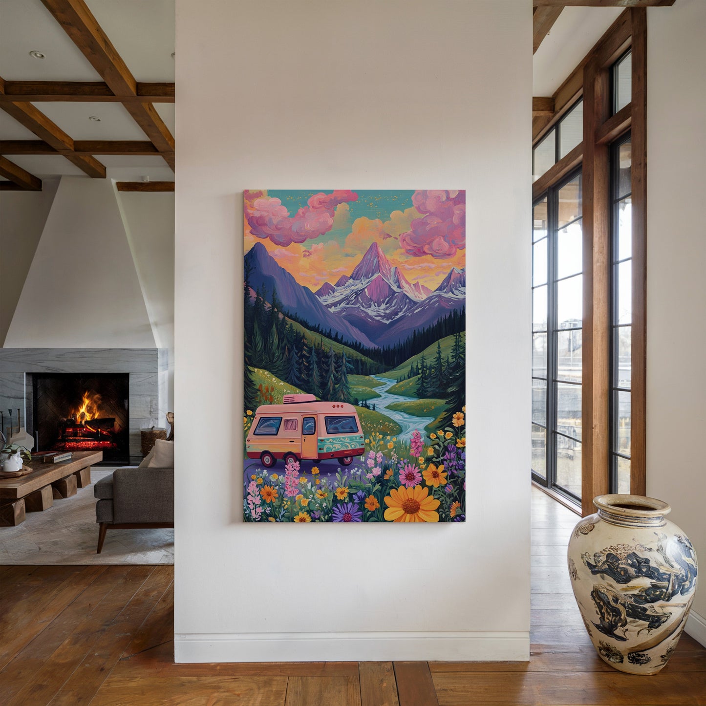 Vibrant Camper Van Landscape Canvas Art