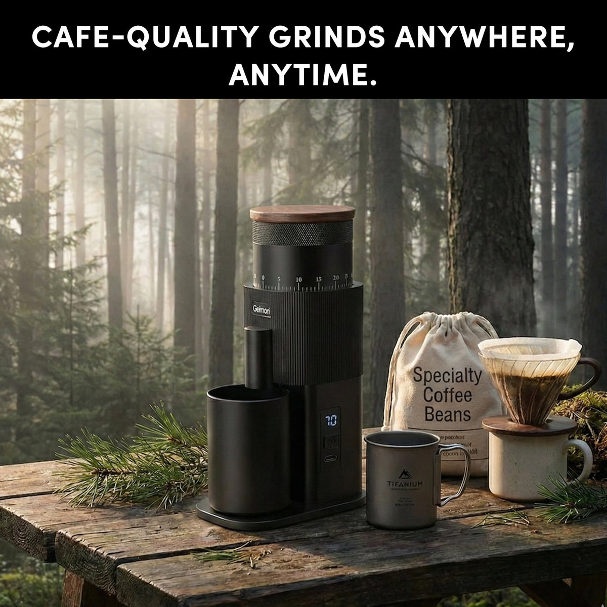 Geimori T38 – Die professionelle tragbare Kaffeemühle mit 38-mm-Kegelmahlwerk, 3600-mAh-Akkus und stufenloser Mahlgradeinstellung