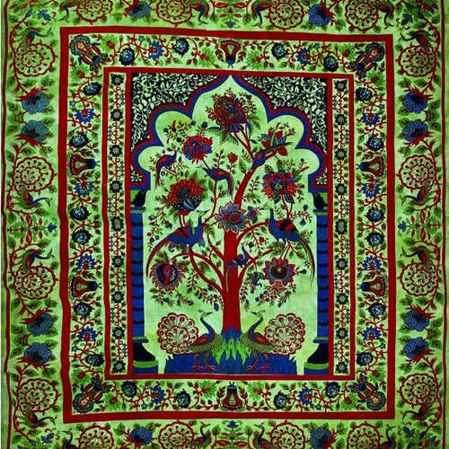 Tapisserie Paon Arbre de Vie Décoration Murale Verte