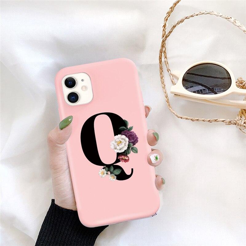 Initial Letter Silicon Phone Case For Iphone  12 Pro Max Retro Pink Flower Soft Back Cover Compatible With Iphone Case Soft Touch Cute Pink Silicone Back Cover For Iphone