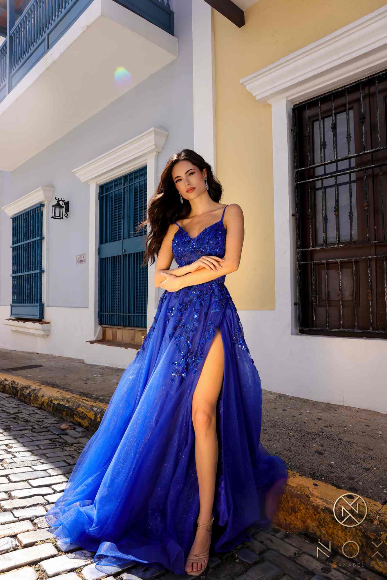 Nox Anabel H1350 Long A-Line Glitter Tulle Embroidered Sequin Applique Dress