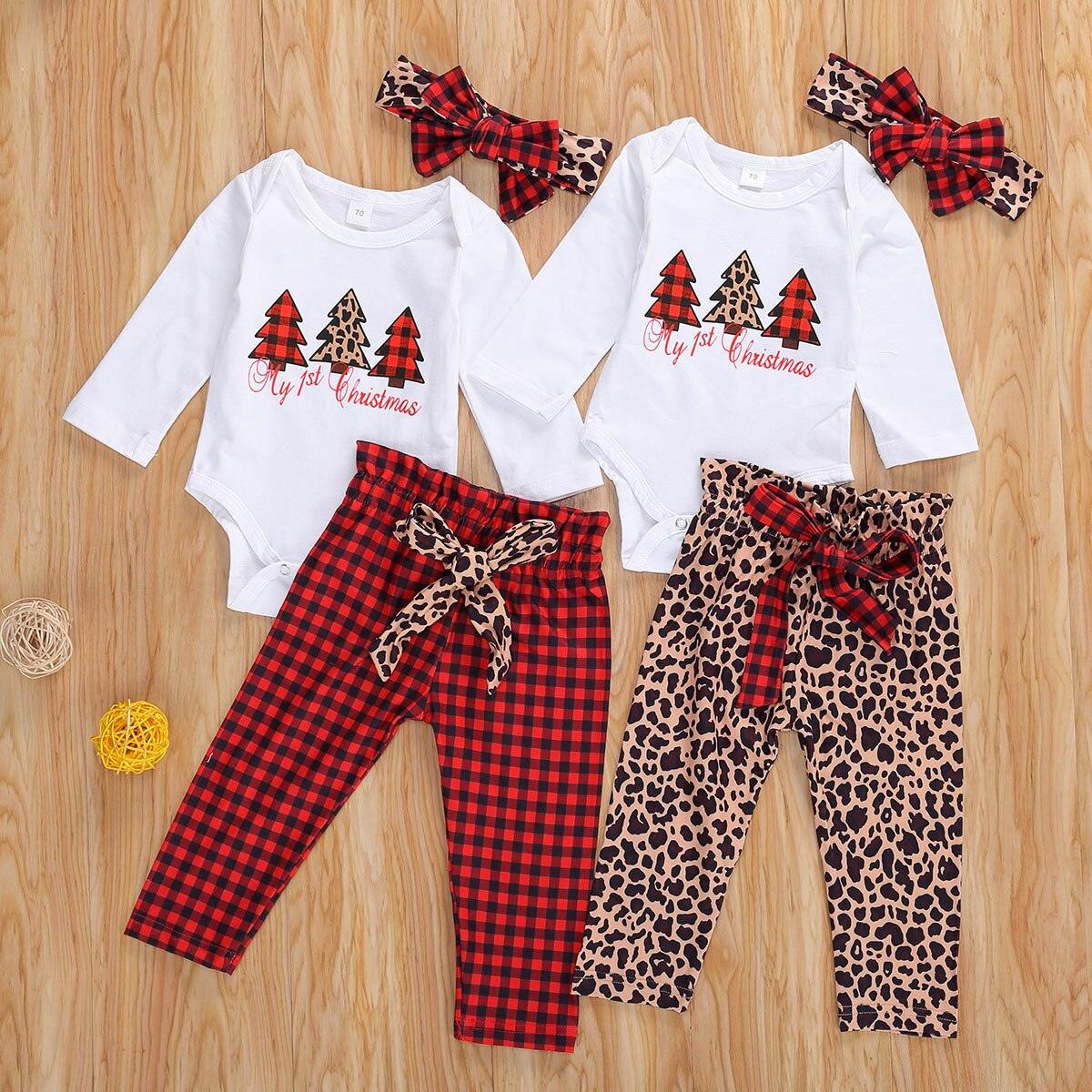 Newborn Baby Boys Girls Christmas Tree Printed Pullover Top and Leopard Pants Christmas Outfits 3pcs