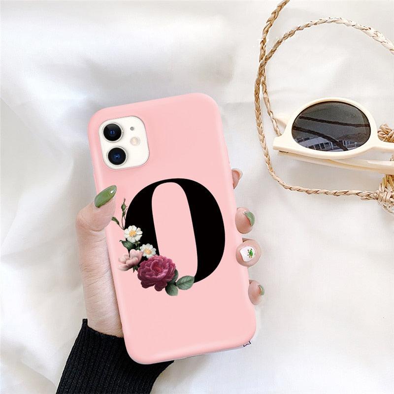 Initial Letter Silicon Phone Case For Iphone  12 Pro Max Retro Pink Flower Soft Back Cover Compatible With Iphone Case Soft Touch Cute Pink Silicone Back Cover For Iphone