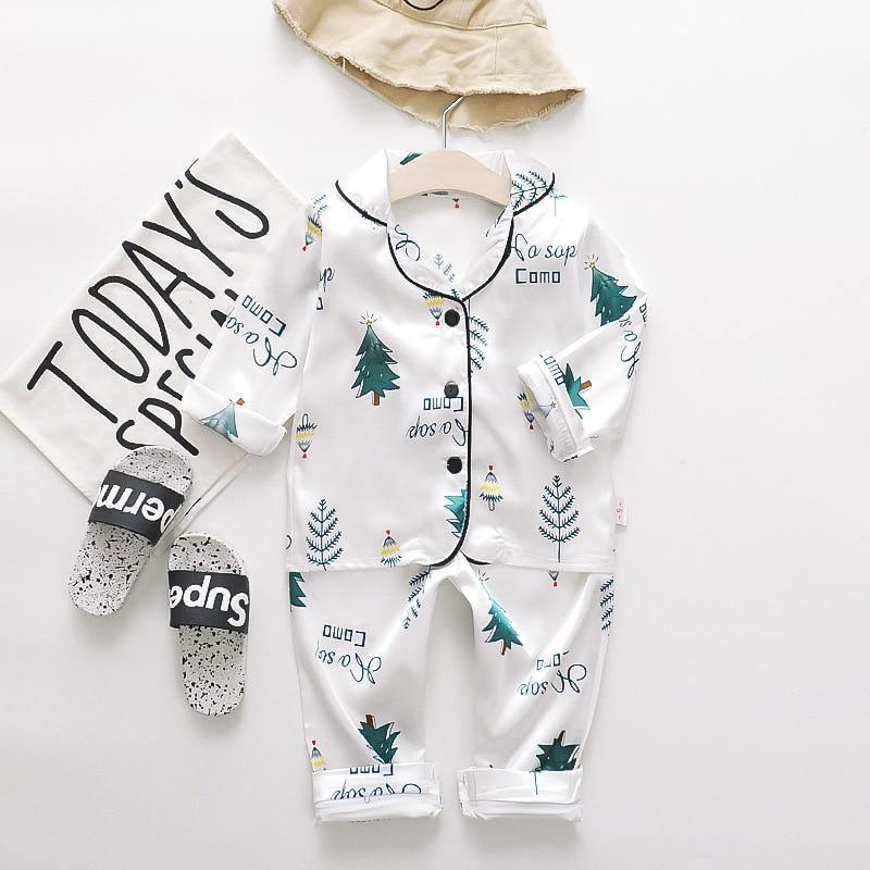 Luxury Modern Children's Pajamas Set Baby Suit Toddler Boys and Girls Ice Silk Satin Cartoon Printing Tops Pants Set Home Wear pajams for Kids