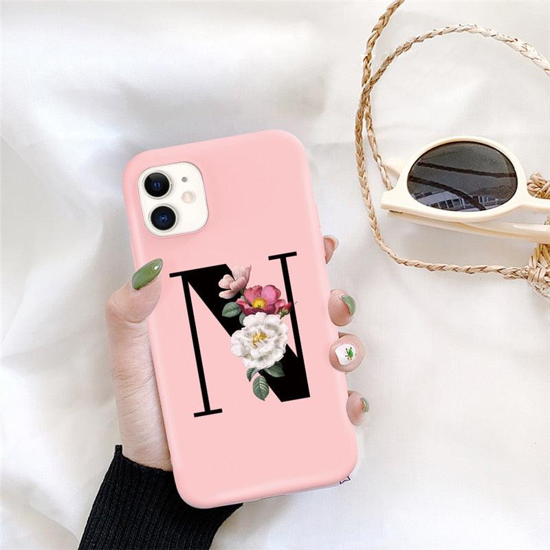 Initial Letter Silicon Phone Case For Iphone  12 Pro Max Retro Pink Flower Soft Back Cover Compatible With Iphone Case Soft Touch Cute Pink Silicone Back Cover For Iphone