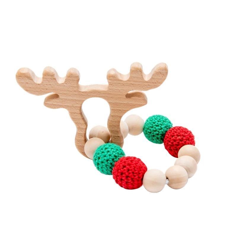 Wooden Teether Hedgehog Crochet Beads Wood Crafts Ring Engraved Bead Baby Teether Wooden Toys For Kids Rattle