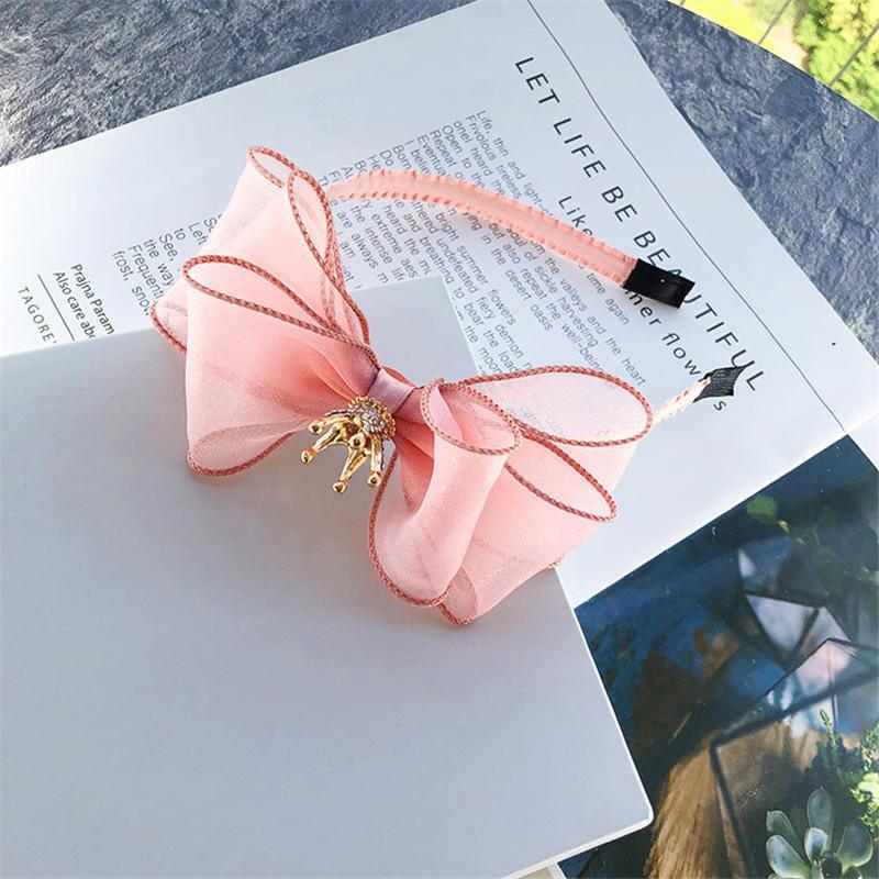 Luxury Modern Pearl Handmade Baby Girls Bowknot Crown Headband Lace Elastic Hair Band Bow For Girls Baby