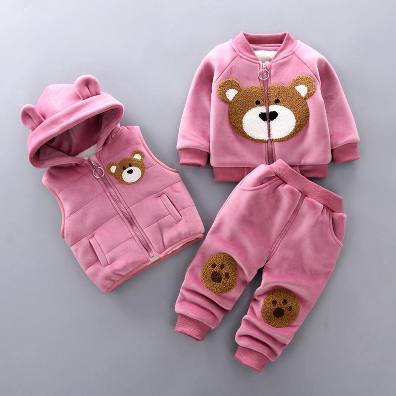 Modern Fashion Cotton Thick Warm Casual Hooded Sweater Cartoon Cute Bear Three-piece Suit For Baby Boy & Girl