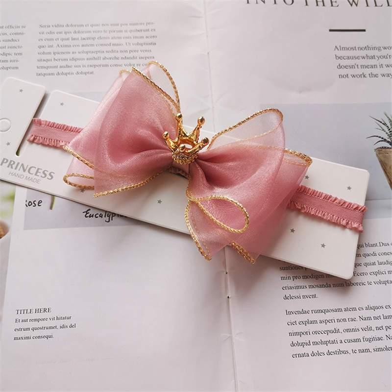 Luxury Modern Pearl Handmade Baby Girls Bowknot Crown Headband Lace Elastic Hair Band Bow For Girls Baby