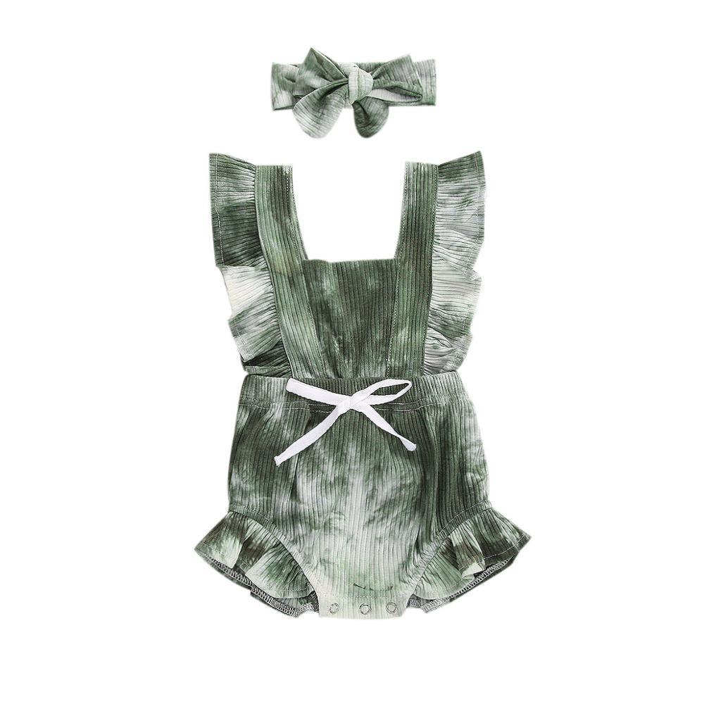 Luxury Modern New Printed Colorful Toddler Girls Rompers With Headband Ruffles Short Sleeve Printed Backless Jumpsuits