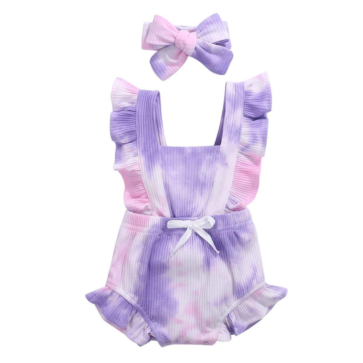 Luxury Modern New Printed Colorful Toddler Girls Rompers With Headband Ruffles Short Sleeve Printed Backless Jumpsuits