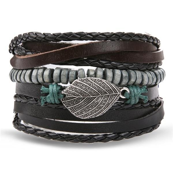 Vintage Black Bead Bracelets For Men Fashion Hollow Triangle Leather Bracelet & Bangles Multilayer Wide Wrap Jewelry For Men and Women